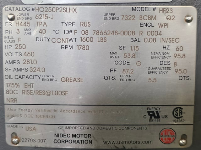 250 HP 1800 RPM U.S. Motors, Frame H445TPA, WPIBB, 460 Volts - Image 3