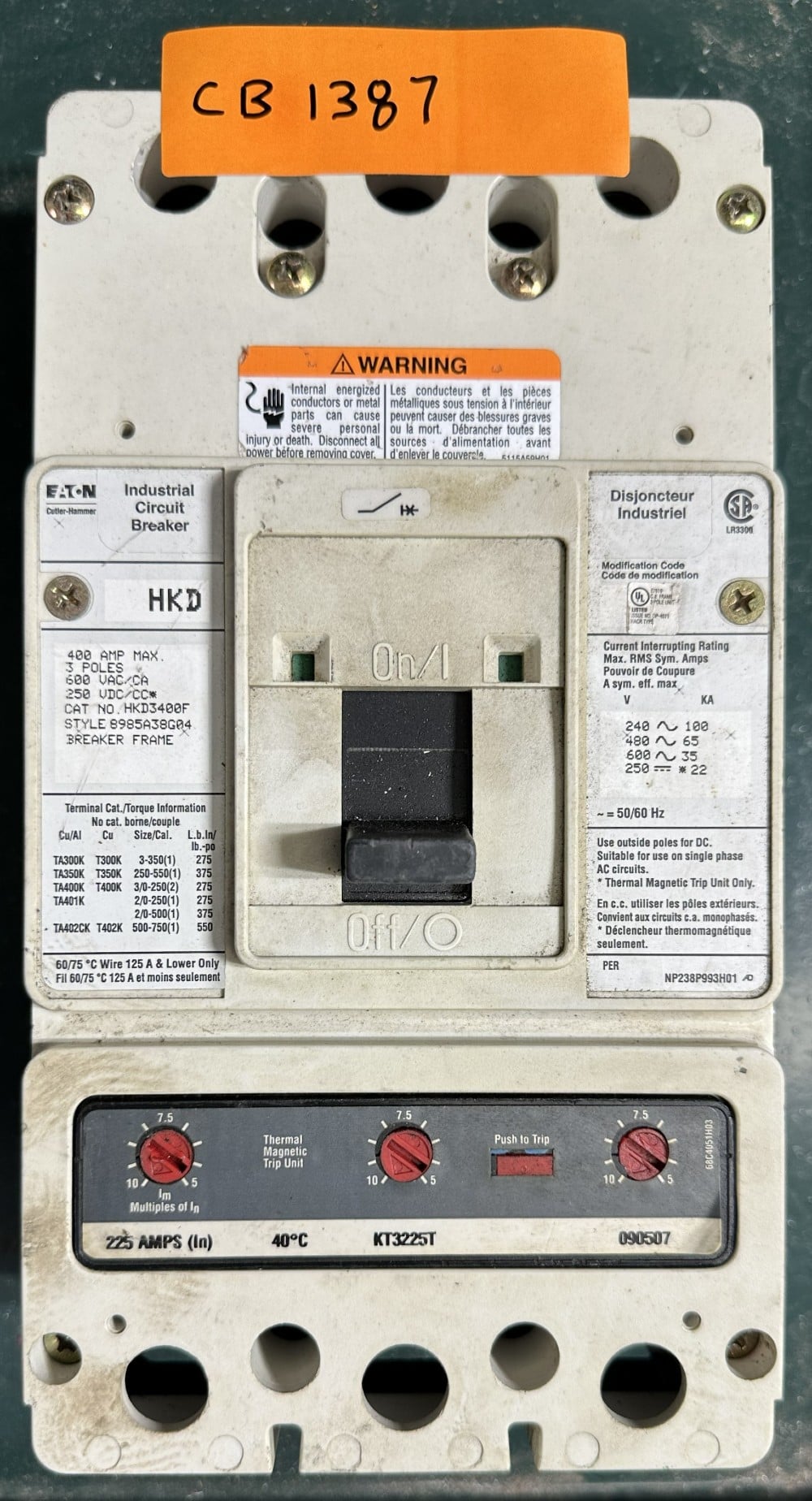 225 Amps, Eaton / Cutler-Hammer, Molded Case Circuit Breaker, 3-Pole, 600V Max., Adjustable Thermal Magnetic - Image 3