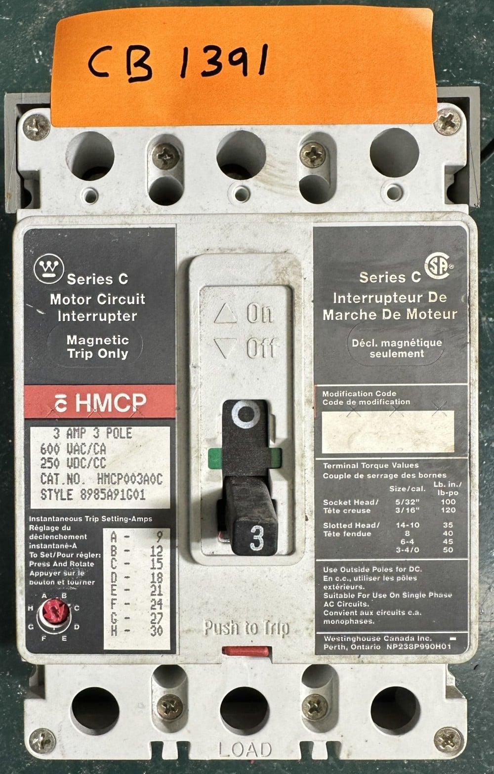 3 Amps. Westinghouse, Series C, Molded Case Circuit Breaker, 3-Pole, 3A, 600V Max., Magnetic Trip Only, Adj. - Image 1
