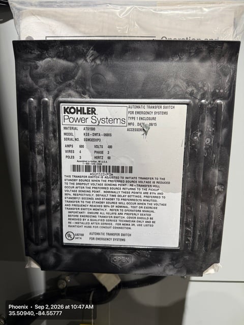 600 Amp. Kohler #KGS-DMTA-0600S, Automatic Transfer Switch, 480 Volts, 3-pole, 4-wire, open transition - Image 2