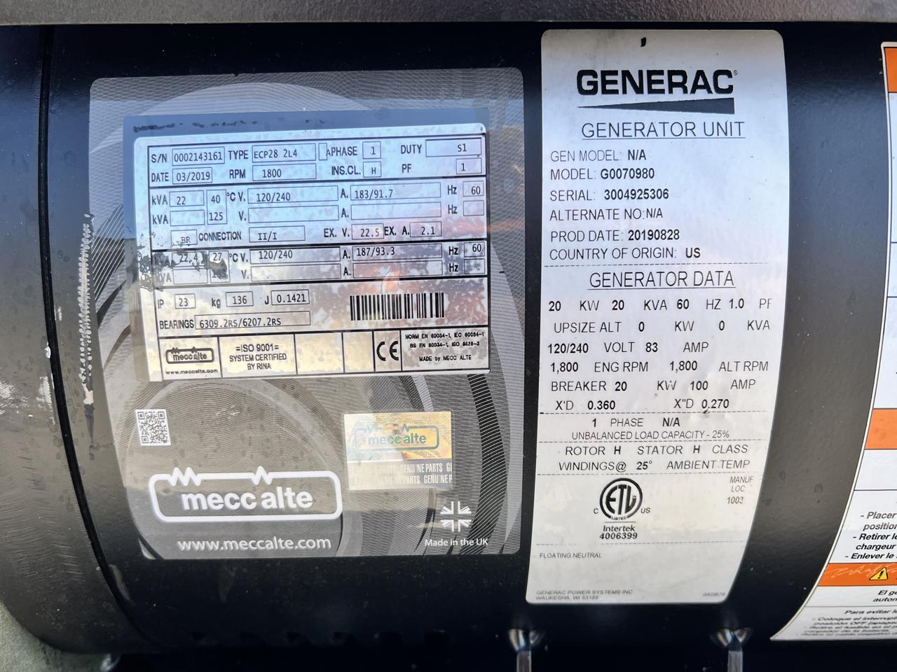 20 KW Generac #G0070980, diesel generator set, 120/240 Volts, 1-phase, Mitsubishi ECP28-2L4 engine, sound - Image 8