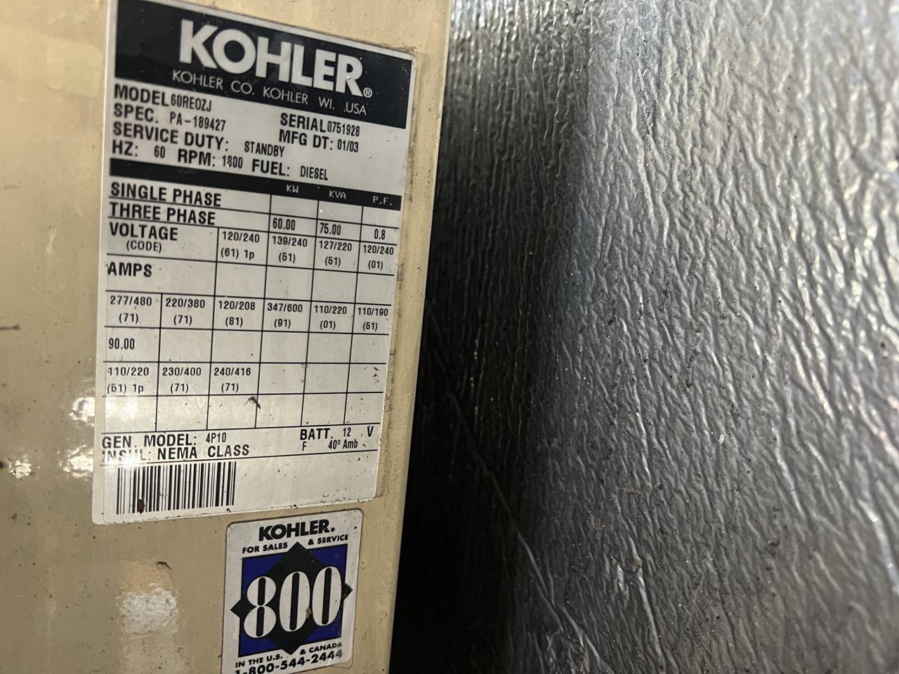 60 KW Kohler #60REOZJ, diesel generator set, 277/480 Volts, 1/3-phase, John Deere 4045TF150 engine, enclosed - Image 10