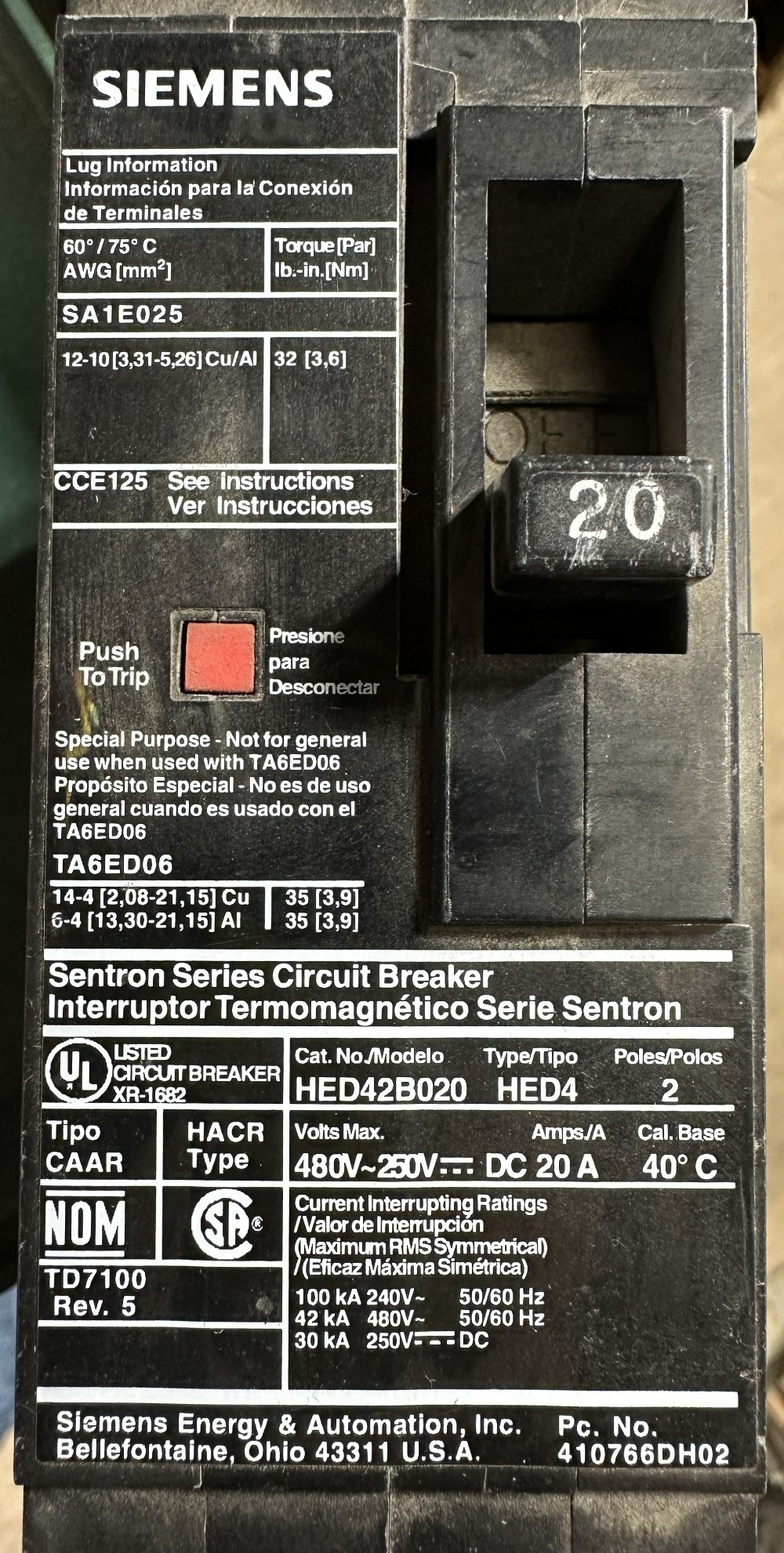 20 Amps, Siemens Sentron Series Sentron, Molded Case Circuit Breaker, 2-Pole, 20A, 480V Max., Fixed Trip - Image 2