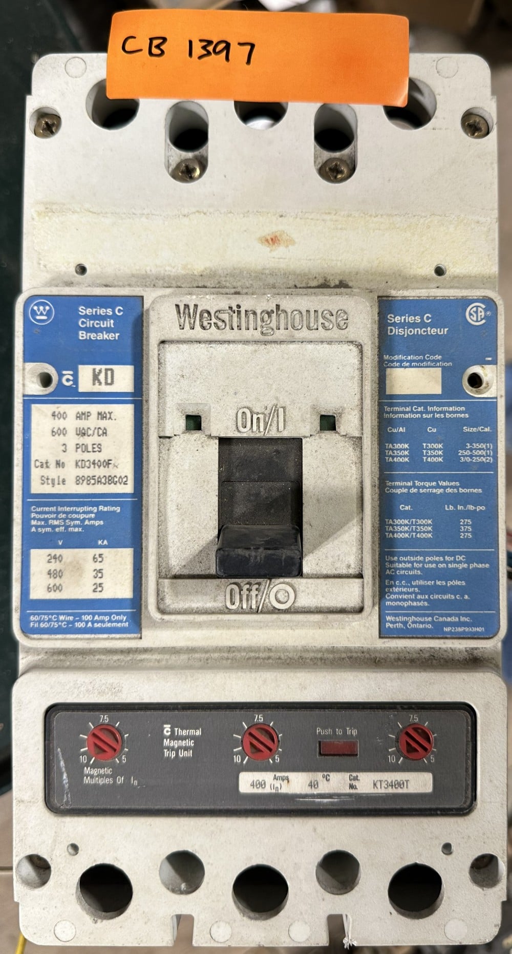 400 Amps, Westinghouse, Series C, Molded Case Circuit Breaker, 3-Pole, 600 Volts Max., Adjustable Thermal - Image 1