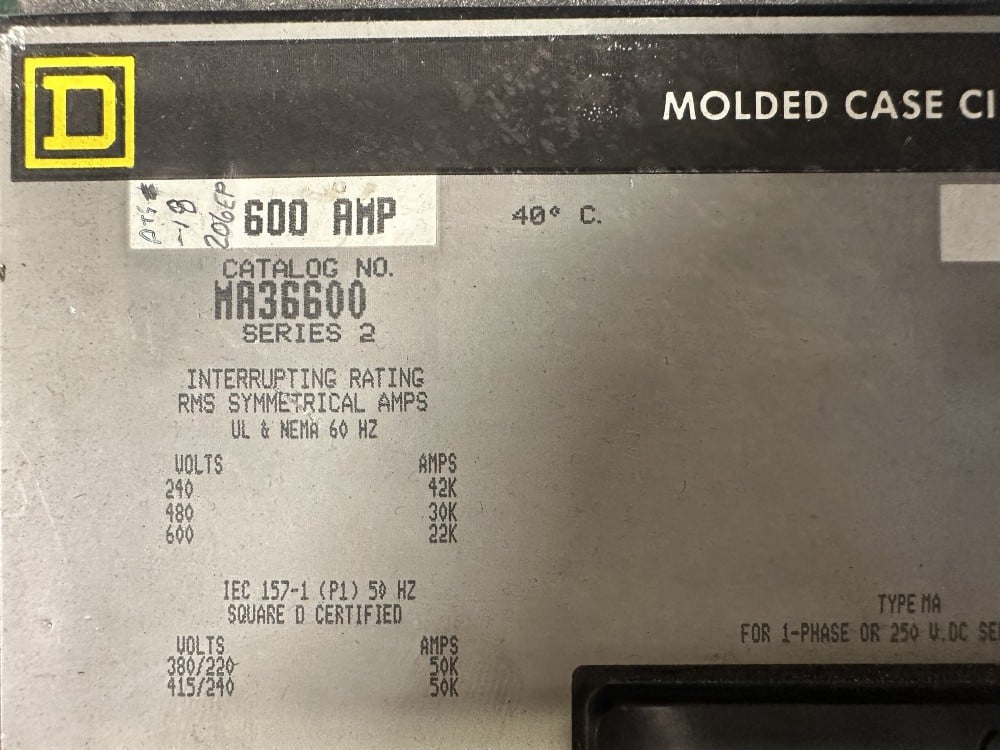 600 Amps, Square D, Molded Case Circuit Breaker, 3-Pole, 600V Max., Adjustable Thermal Magnetic Trip 3000A - - Image 1