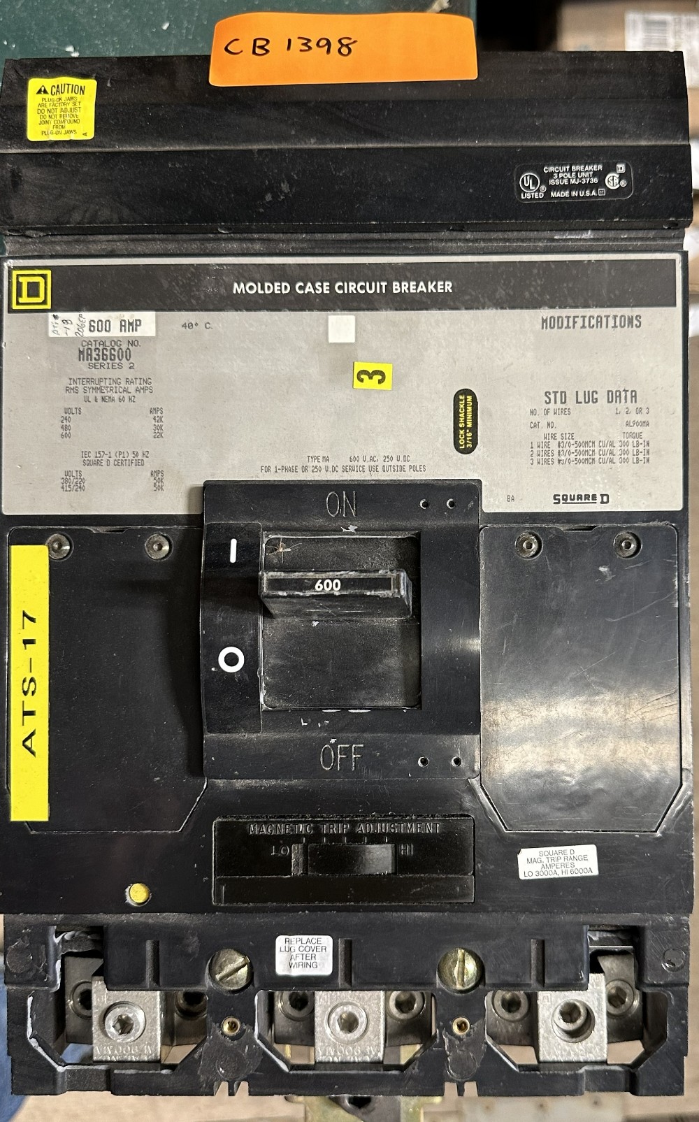 600 Amps, Square D, Molded Case Circuit Breaker, 3-Pole, 600V Max., Adjustable Thermal Magnetic Trip 3000A - - Image 3