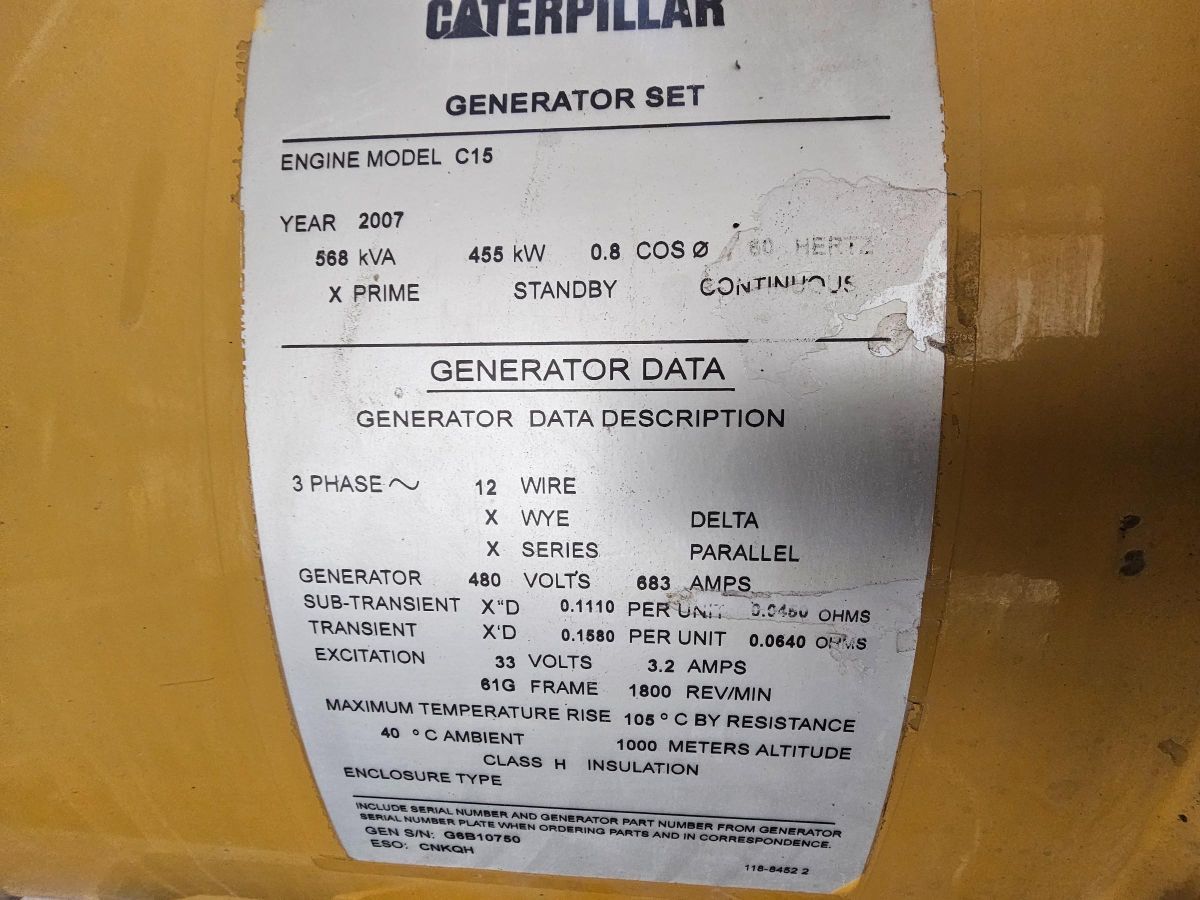 455 KW Caterpillar #C15, diesel generator set, 480 Volts, 3-phase, 18683 hours, 2007 - Image 7