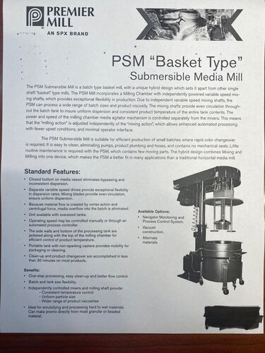 Premier Mill #PSDM-55, Submersible Basket Media Mill, 10 HP mill motor, 2 HP mixer motor, 208 V., 3 Ph. - Image 9