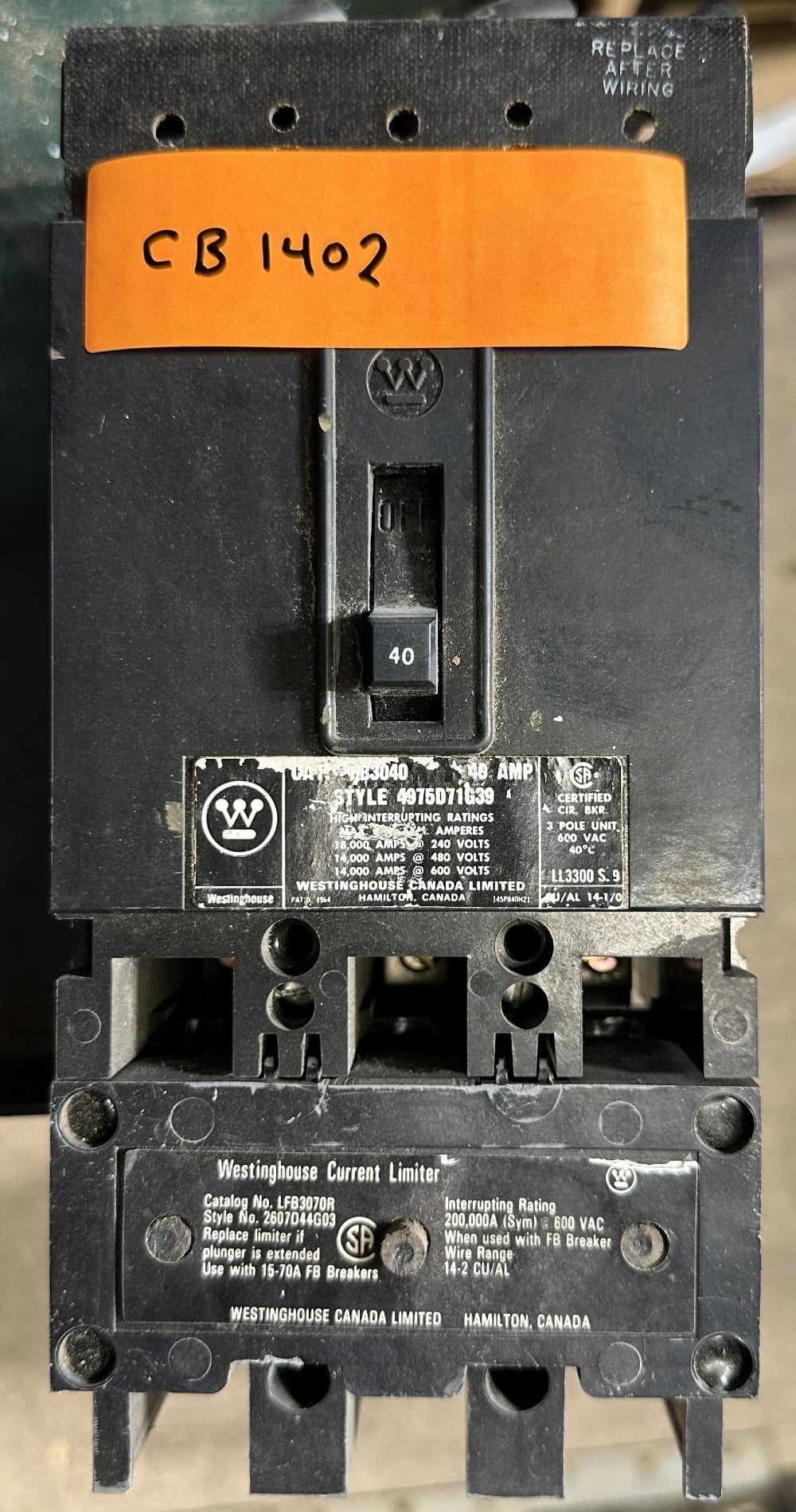40 Amps, Westinghouse, Molded Case Circuit Breaker, 3-Pole, 600 VAC Max., Non-Adjustable / Fixed Trip - Image 1