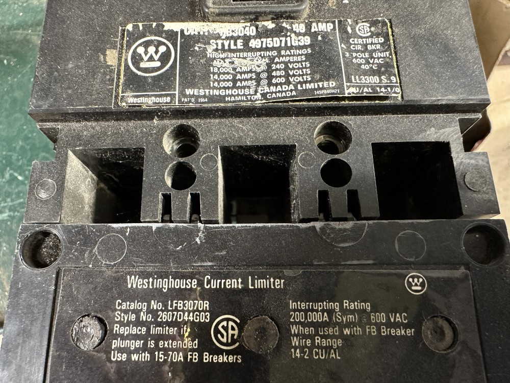 40 Amps, Westinghouse, Molded Case Circuit Breaker, 3-Pole, 600 VAC Max., Non-Adjustable / Fixed Trip - Image 2