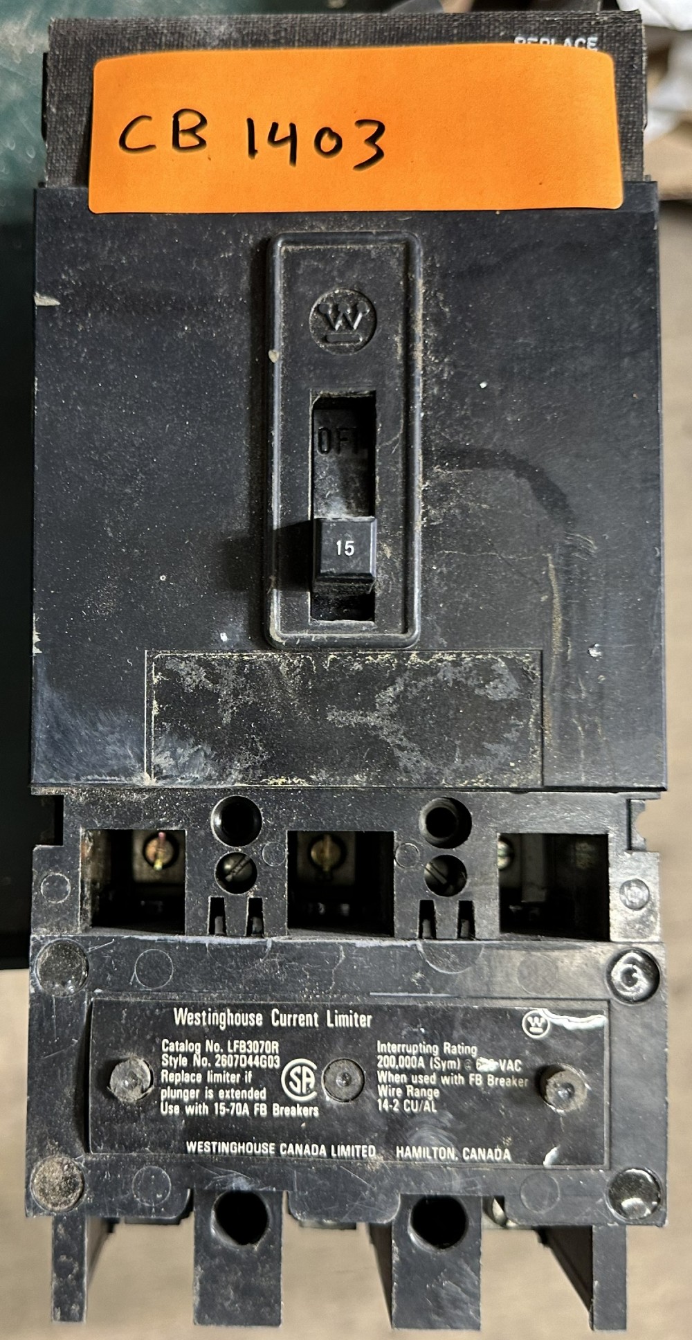 15 Amps, Westinghouse, Molded Case Circuit Breaker, 3-Pole, 600 VAC Max., Non-Adjustable / Fixed Trip - Image 2
