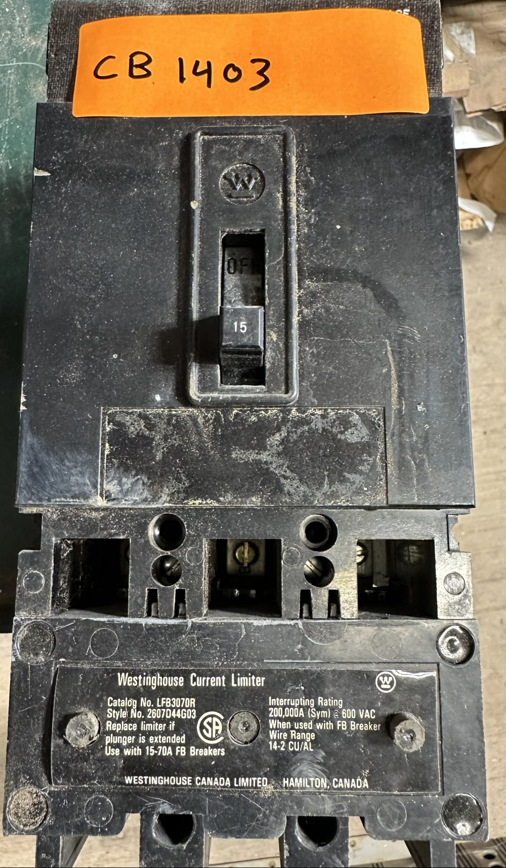 15 Amps, Westinghouse, Molded Case Circuit Breaker, 3-Pole, 600 VAC Max., Non-Adjustable / Fixed Trip - Image 3
