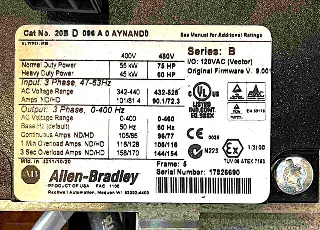 75 HP Allen-Bradley, PowerFlex-700-20BD096, AC Variable Frequency Drive, 96/77 continuous amps, 480 Volts - Image 3