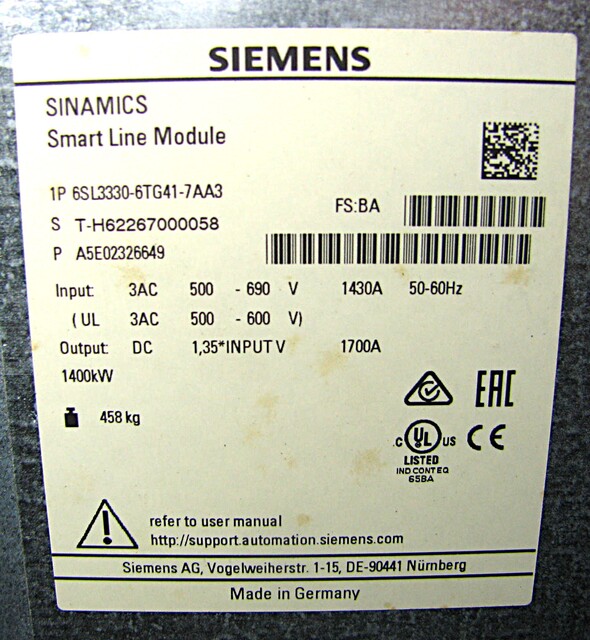 1850 HP Siemens, 6SL3330-6TG41, Sinamics Smart Line Module Converter w/ Power Block, 1700 amps - Image 3