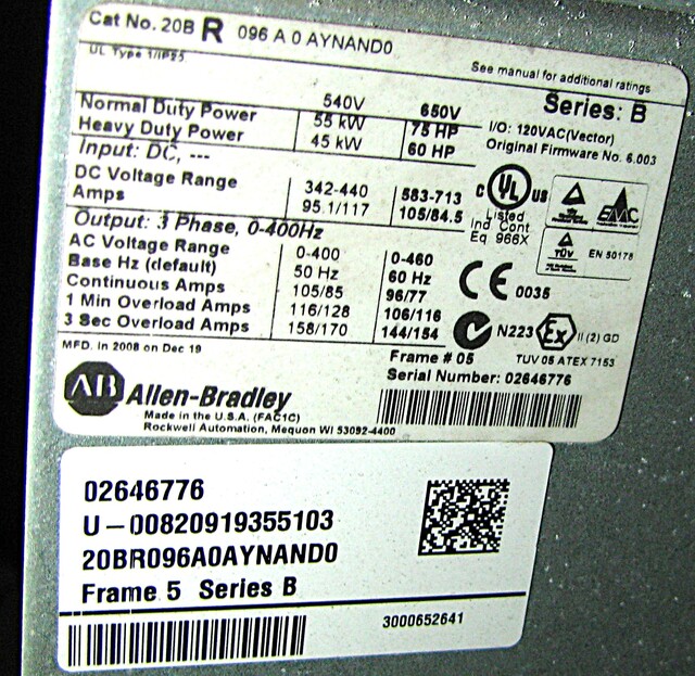 75 HP, Allen-Bradley, 20BR096, AC Variable Frequency Inverter, floor mounted enclosure, 85-105 amps, 0-480 - Image 3