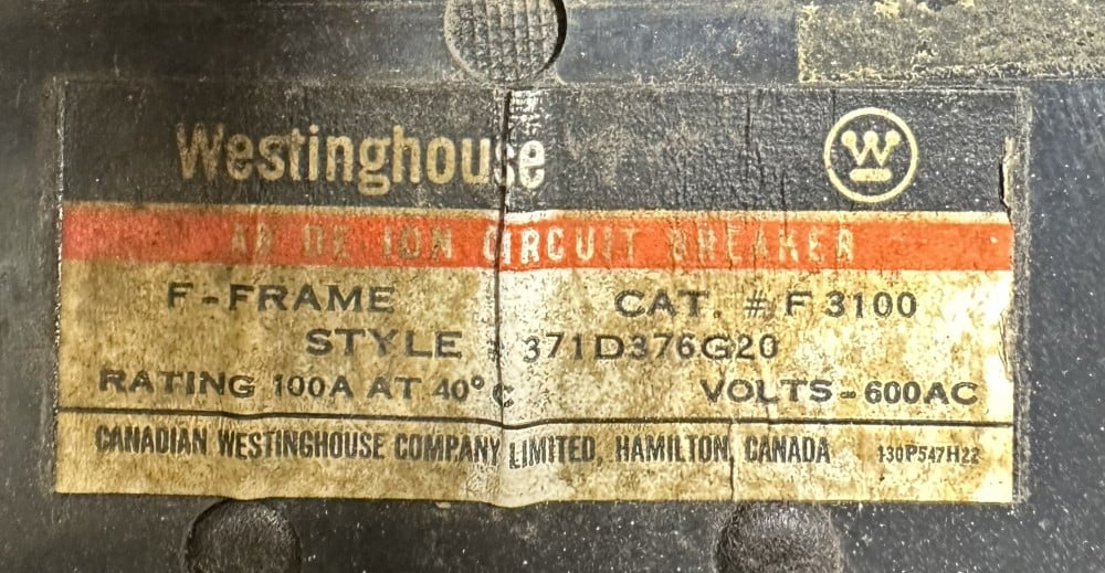 100 Amps, Canadian Westinghouse, Circuit Breaker, 3-Pole, 600 VAC Max., Non-Adjustable / Fixed Trip, Type " F" - Image 1