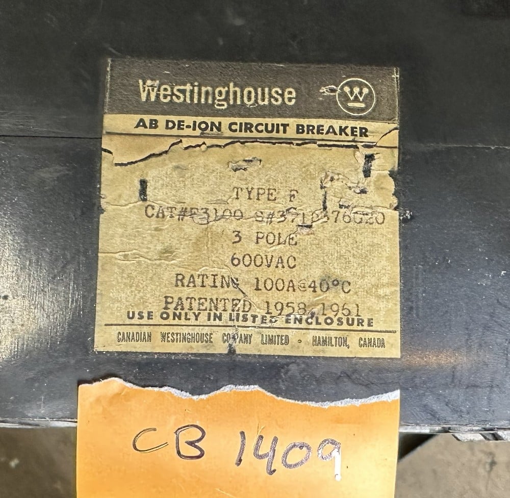 100 Amps, Canadian Westinghouse, Circuit Breaker, 3-Pole, 600 VAC Max., Non-Adjustable / Fixed Trip, Type " F" - Image 2