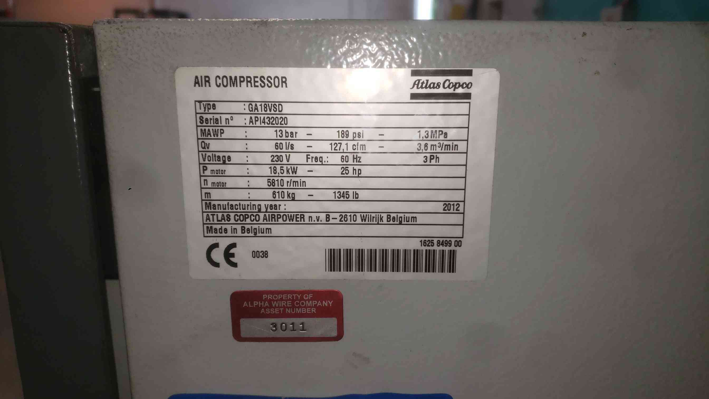 127 cfm, 189 psi, Atlas Copco #GA18VSD, rotary screw air compressor, 25 HP, 230 V., 3PH, 2012 - Image 2