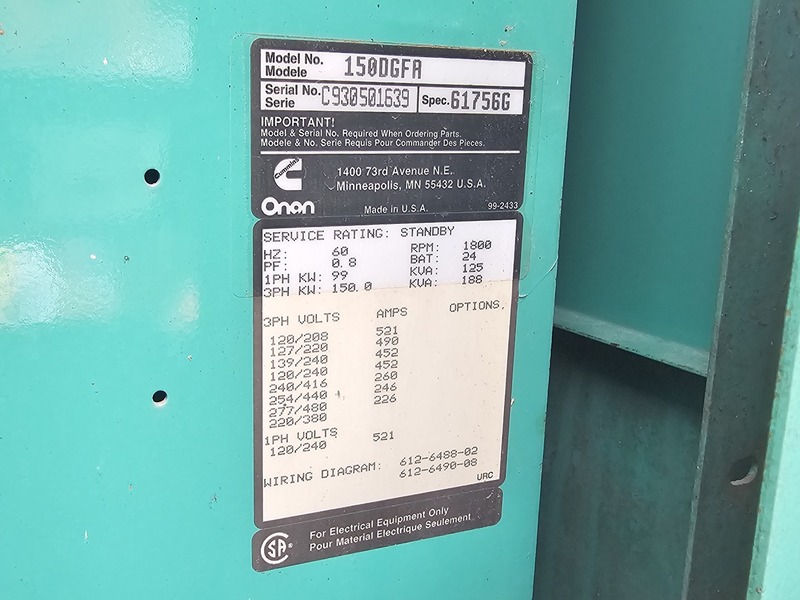 150 KW Cummins Onan #150DGFA, Diesel Generator, multi-voltage selector, 277 HP engine, 1800 RPM, skid - Image 2