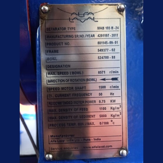 Alfa-Laval #MAB-103-B-24, 3-Phase Centrifugal Separator, 1,100 kg/m max. feed density, 8571 RPM max. bowl - Image 3