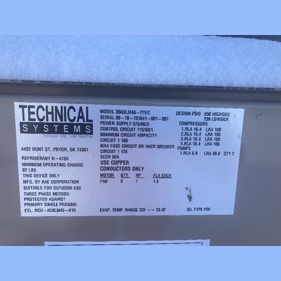 60 Ton, Technical Systems #30AOLM46-PTFC, Chiller, R-410a refrigerant, 164 GPM primary @ 62°F supply, 238 - Image 4