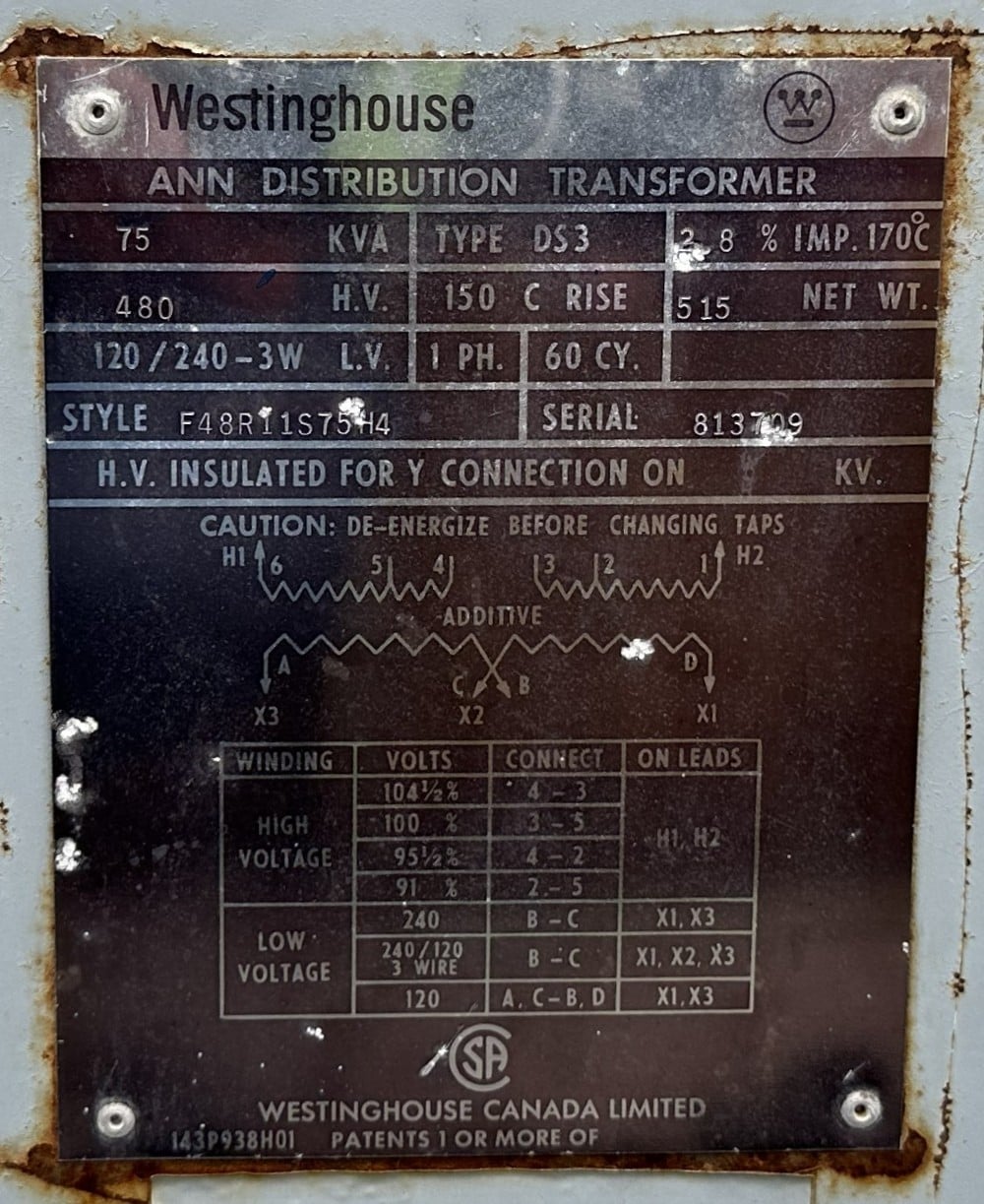 75 KVA 480 Primary, 120/240 Secondary, Westinghouse Canadian Canada Ltd., 3W, Isolation, Single-Phase - Image 1