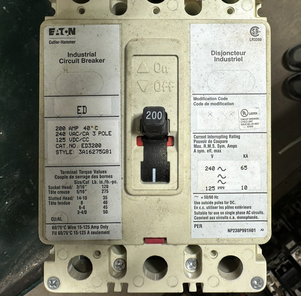 200 Amps, Eaton / Cutler-Hammer, 3-Pole, 240V Max., Fixed-Trip / Non-Adjustable, Molded-Case Circuit Breaker - Image 1