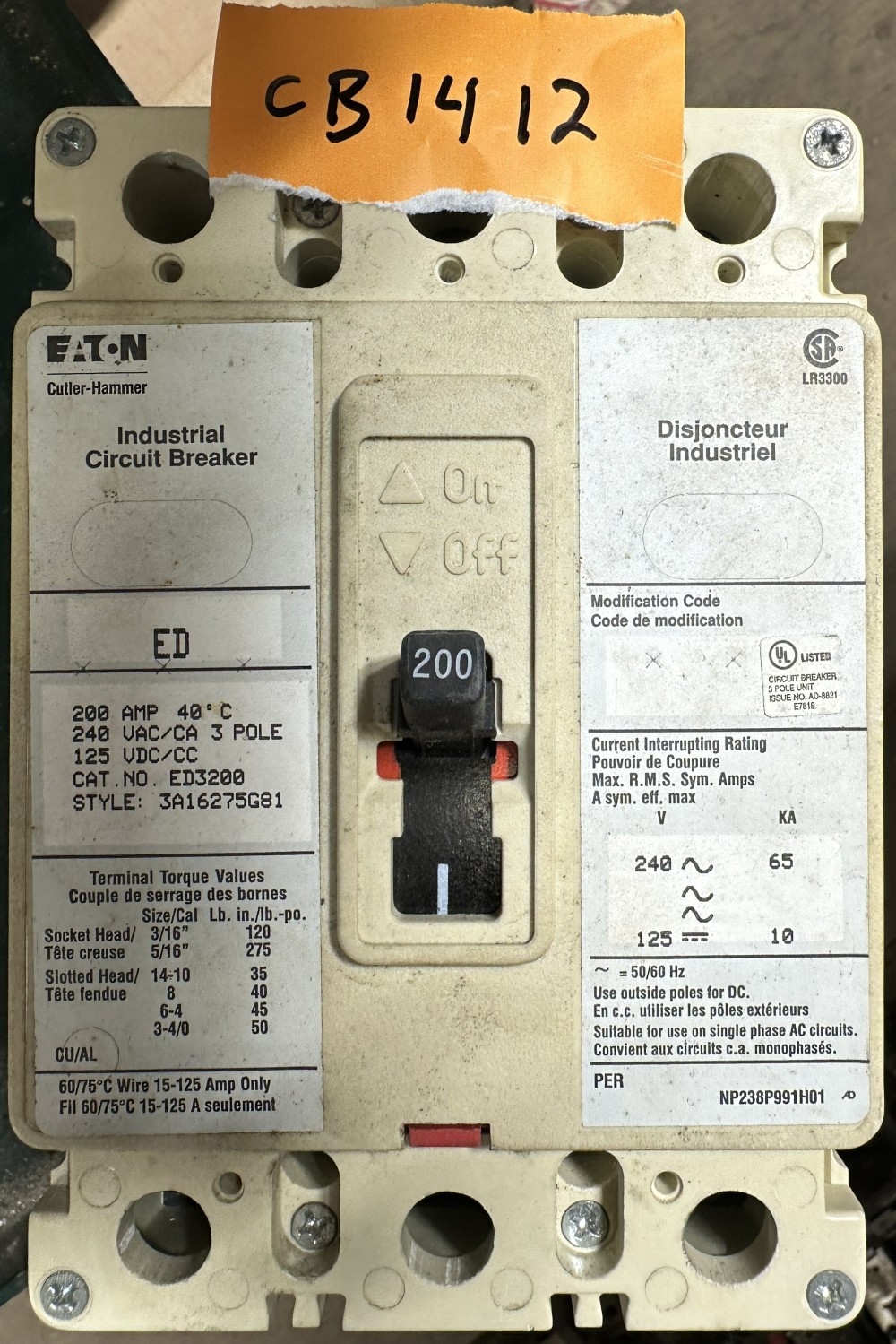 200 Amps, Eaton / Cutler-Hammer, 3-Pole, 240V Max., Fixed-Trip / Non-Adjustable, Molded-Case Circuit Breaker - Image 3