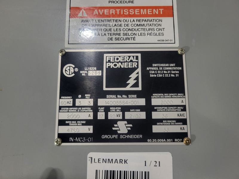 Federal Pioneer, Medium Voltage Metal-Clad Switchgear Cell, 2000 amp, 4760 Volt, SEL relay, 3PH, 2002 - Image 2