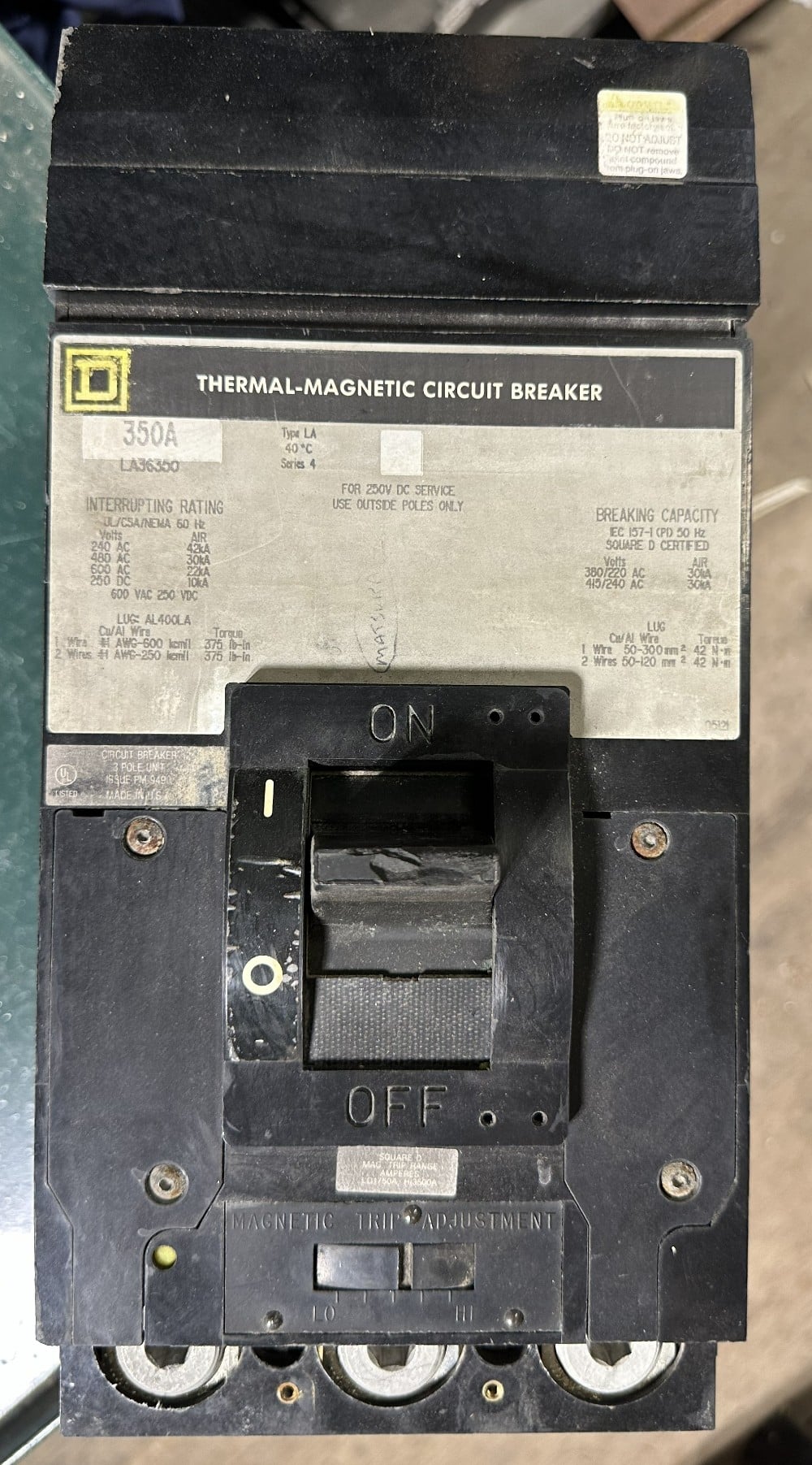 350 Amps, Square D Circuit Breaker, LA Series 4, 3-Pole, 600V Max., Thermal-Magnetic Adjustable Trip, 1750A - Image 3