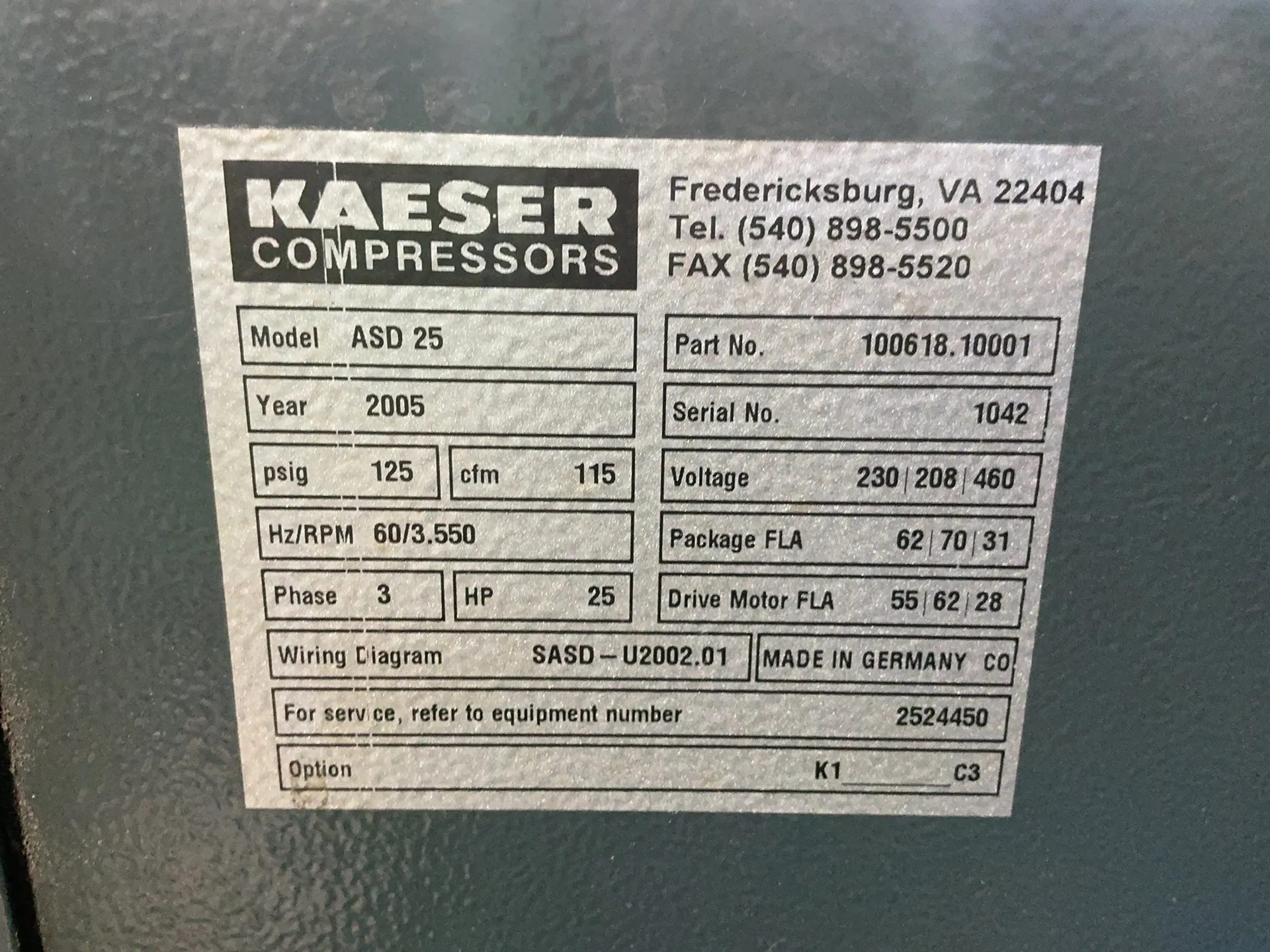 115 CFM, 125 PSIG, Kaeser #ASD25, rotary screw air compressor, 25 HP, 3550 RPM, 3 Ph., 208/230/460 V., 2005 - Image 5