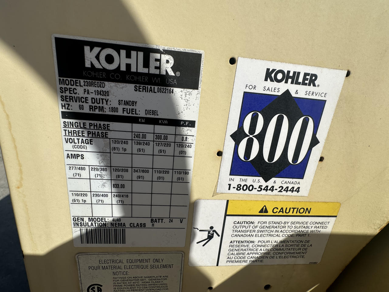 240 KW Kohler #230REOZD, generator end, 120/208 Volts, 1 & 3 phase, 12 wire, 750 hours, 1999 - Image 8