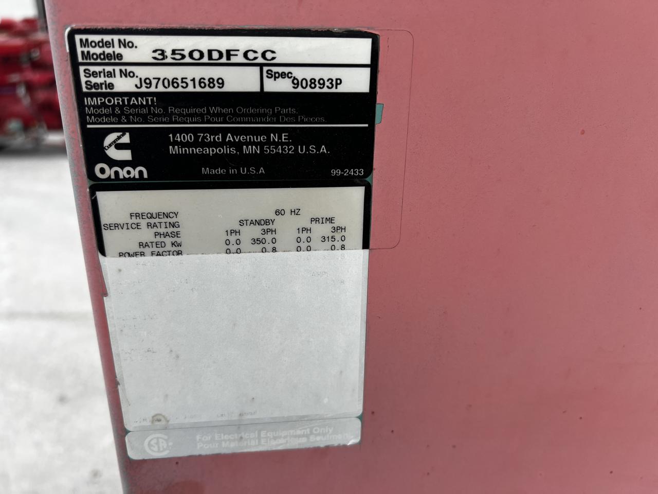 350 KW Cummins/Onan #350DFCC, generator end, 600 Volts, 3 Phase, w/ controller & breaker, 550 hours, 1997 - Image 5