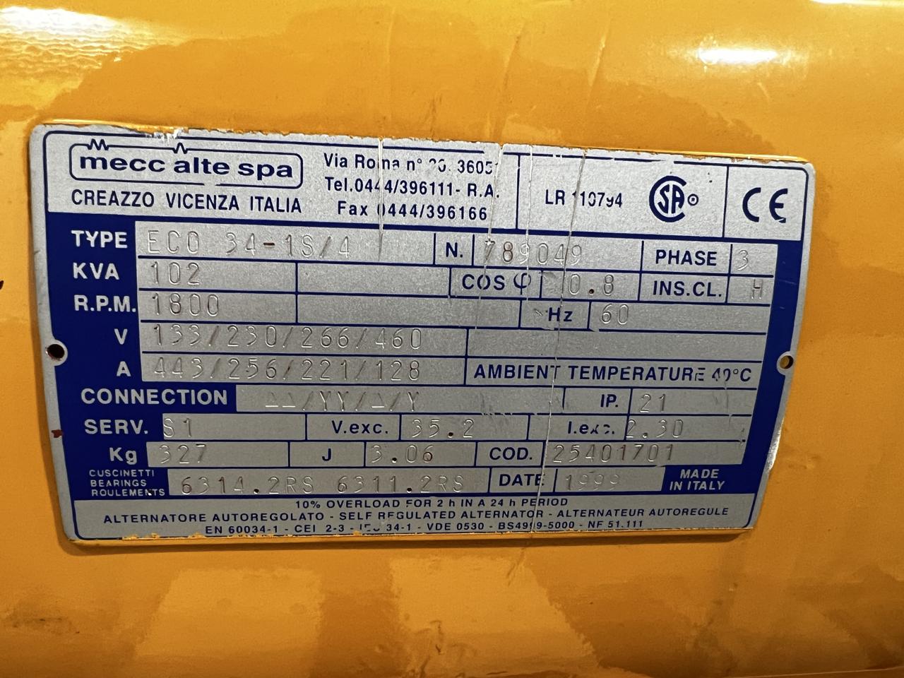 75 KW Mecc Alte Spa #ECO-34-13/4, generator end, 208 Volts, 3 Phase, 12 wire, 250 hours, 2005 - Image 7