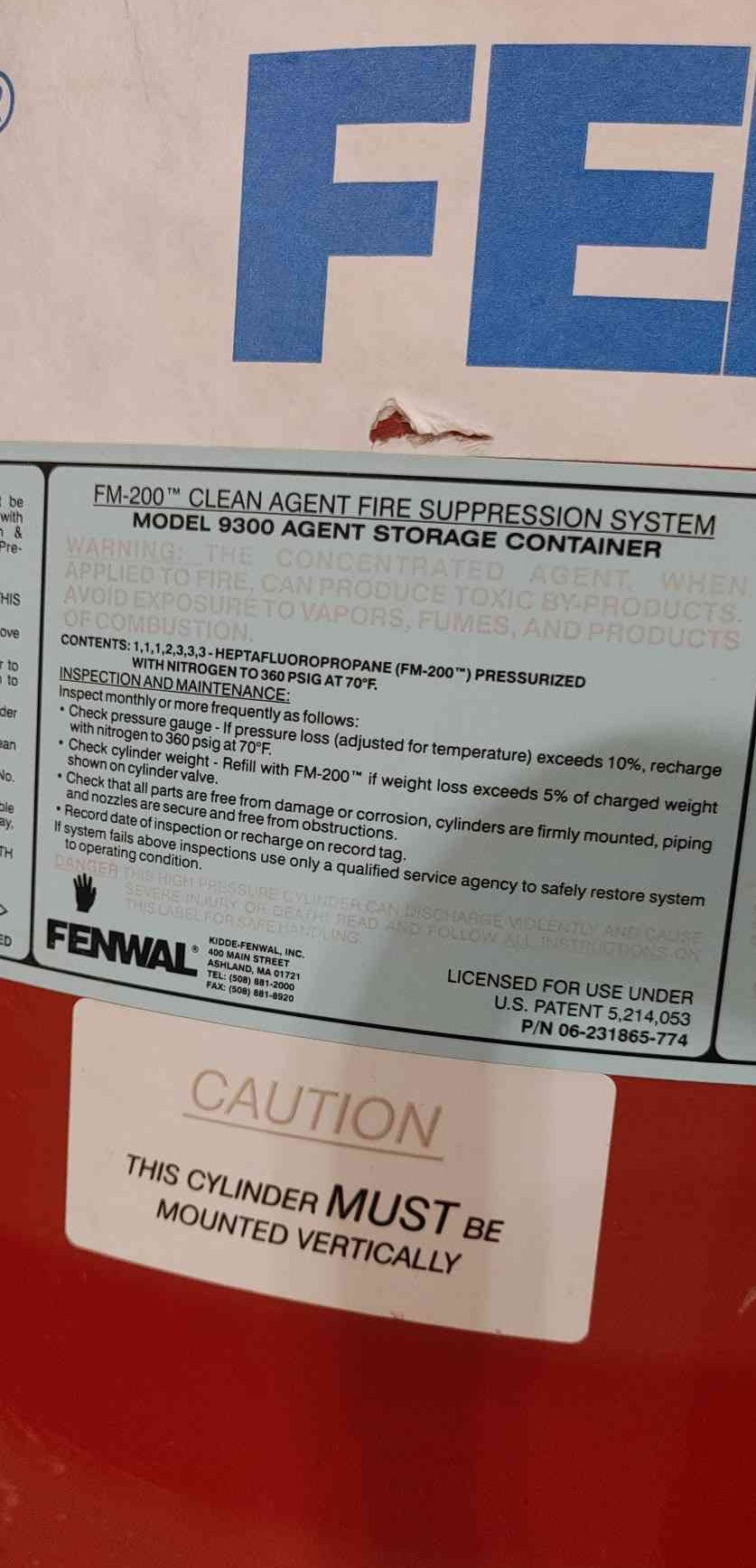700 lbs. Fenwal, Fire Suppression System, FM-200 Agent - Image 5