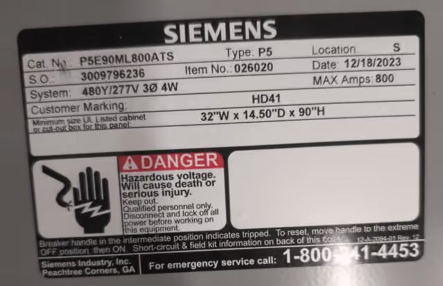 800 Amp. Siemens, P5E90ML800ATS, NEMA 1 Panelboard 480/277 Volts 54 Cir MLO - Image 3