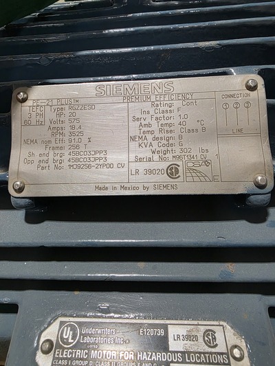20 HP 3525 RPM Siemens #RGZZESD, squirrel cage motor, Frame 256T, 575 Volts, 20 amps, 3-phase, 60 Hz. - Image 3