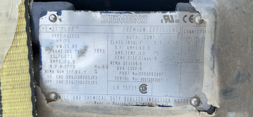 75 HP 1775 RPM Siemens #RGZESD, squirrel cage motor, Frame 365TS, 575 Volts, mill and chemical duty, Class I - Image 2