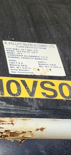 84" x 8' R. Pollitt Flare Knockout, 90 bbl, 15 psi, sour, 1998 - Image 4