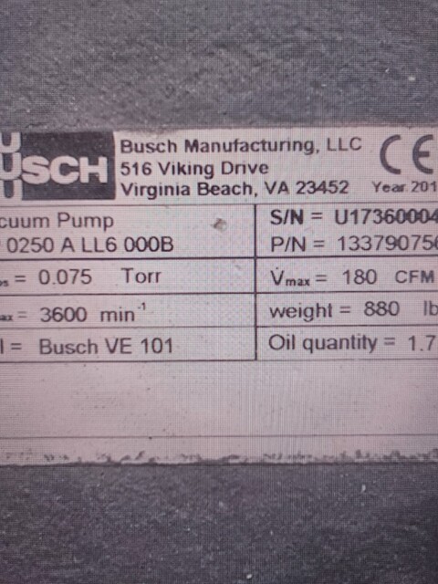 180 CFM, Busch #NC-0250-A-LL6-000B, Vacuum Pump, 3600 RPM, 0.075 Torr, pump only, new - Image 3