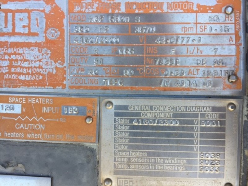 350 HP 3600 RPM Weg, Frame 5809S, TEFC, BB, used, 2300/4160 Volts - Image 1