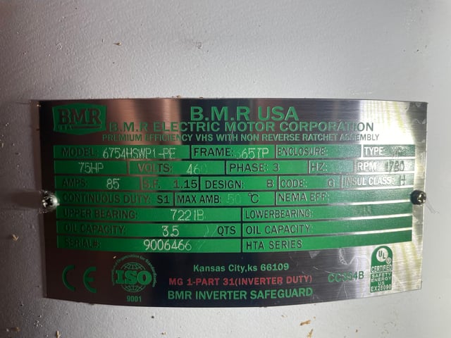 75 HP 1800 RPM Bmr, Frame 365TP, WPIBB, 460 Volts, New Surplus - Image 5