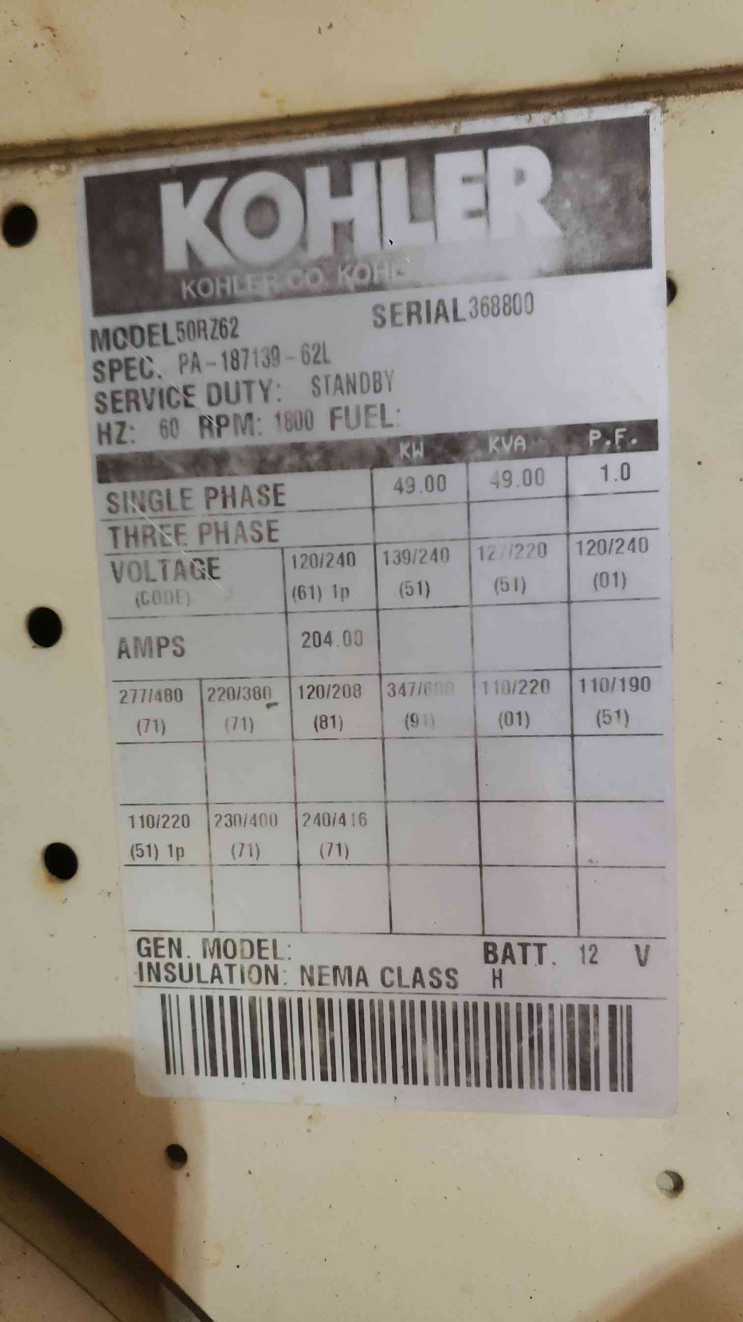 49 KW Kohler #50RZ62, LP/NG generator set, 120/240 Volts, 204 A, 1 phase, 1,593.9 hours, AS IS - Image 3