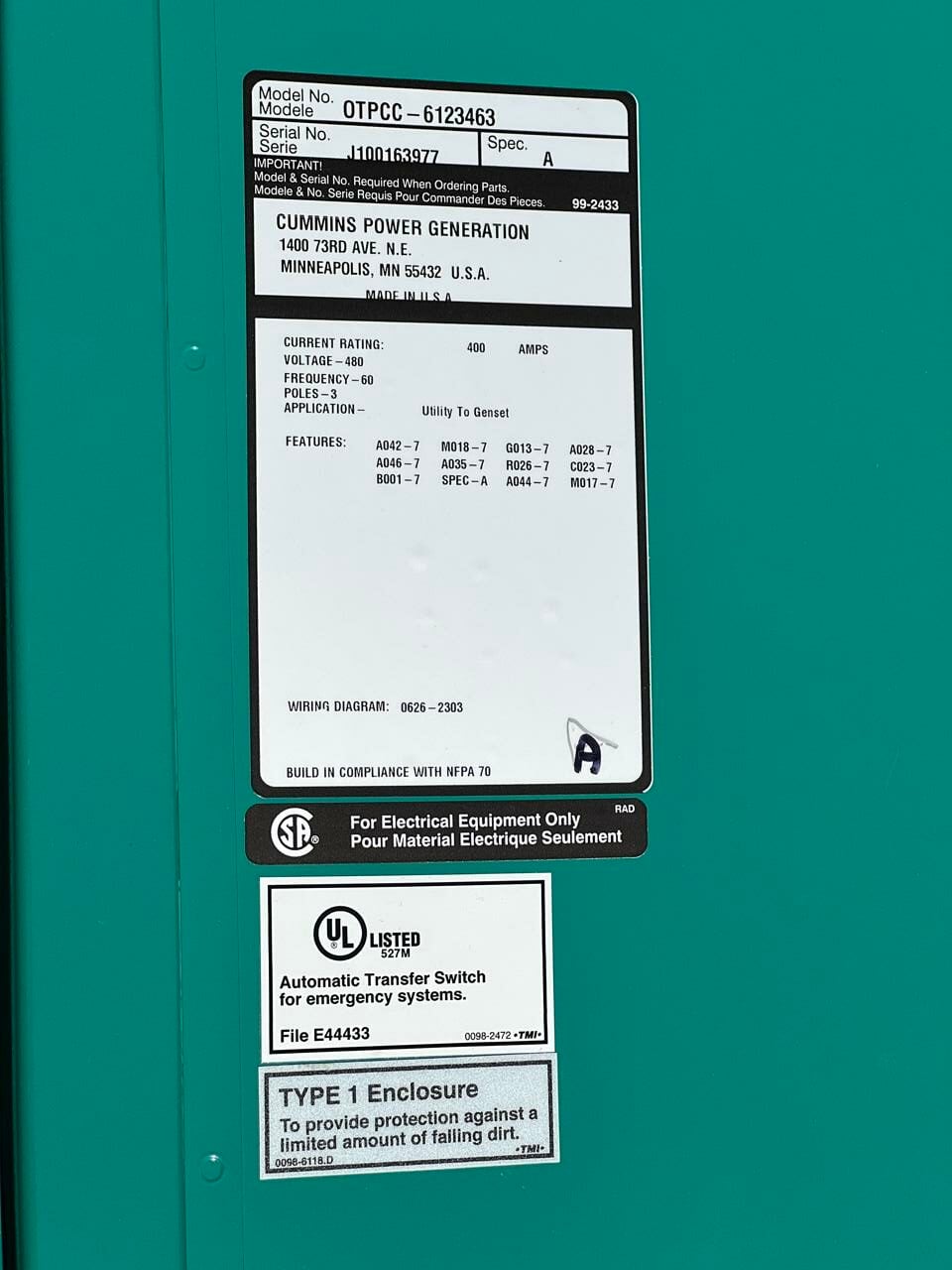 400 Amp. Cummins #OTPCC-6123463, automatic transfer switch, 480 Volts, 1/3 phase, 60 Hz., 3 poles, NEMA 1 - Image 8