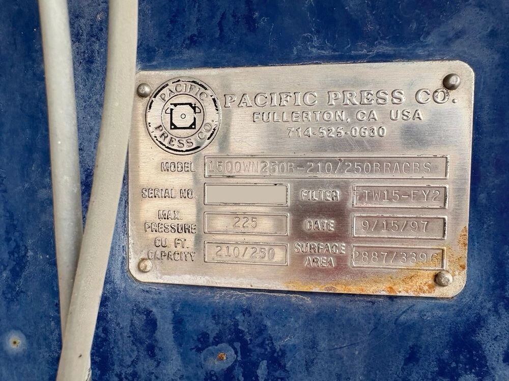 59" Pacific Press #1500M250B-210/250BRACRS, Large Horizontal Plate Filter Press, 225 psi, 250 cu.ft. - Image 3
