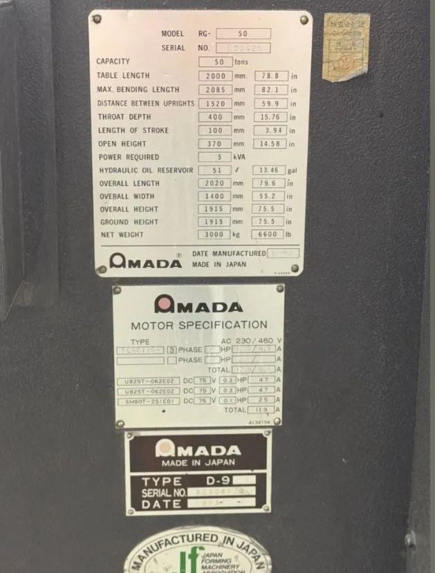 55 Ton, Amada #RG-50, Hydraulic Press Brake, 6.8' overall bed length, 59.84" between housing, 3.9" stroke - Image 6