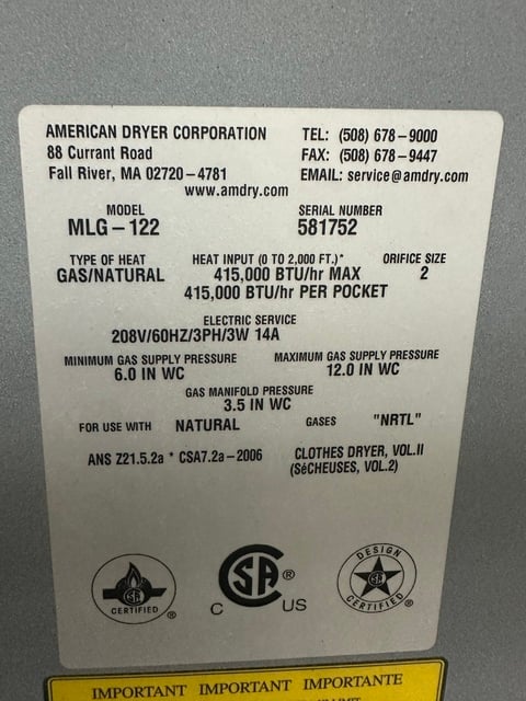 120 lb. ADC/Milnor #MLG-122, Natural Gas Dryer, 12" W.C. max. gas supply pressure, microprocessor control - Image 7