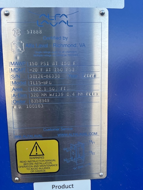 1622 sq.ft., 149 psi, Alfa-Laval #TL15-BFG, plate heat exchanger, 150°F, 304 Stainless Steel plates, .0157" - Image 4