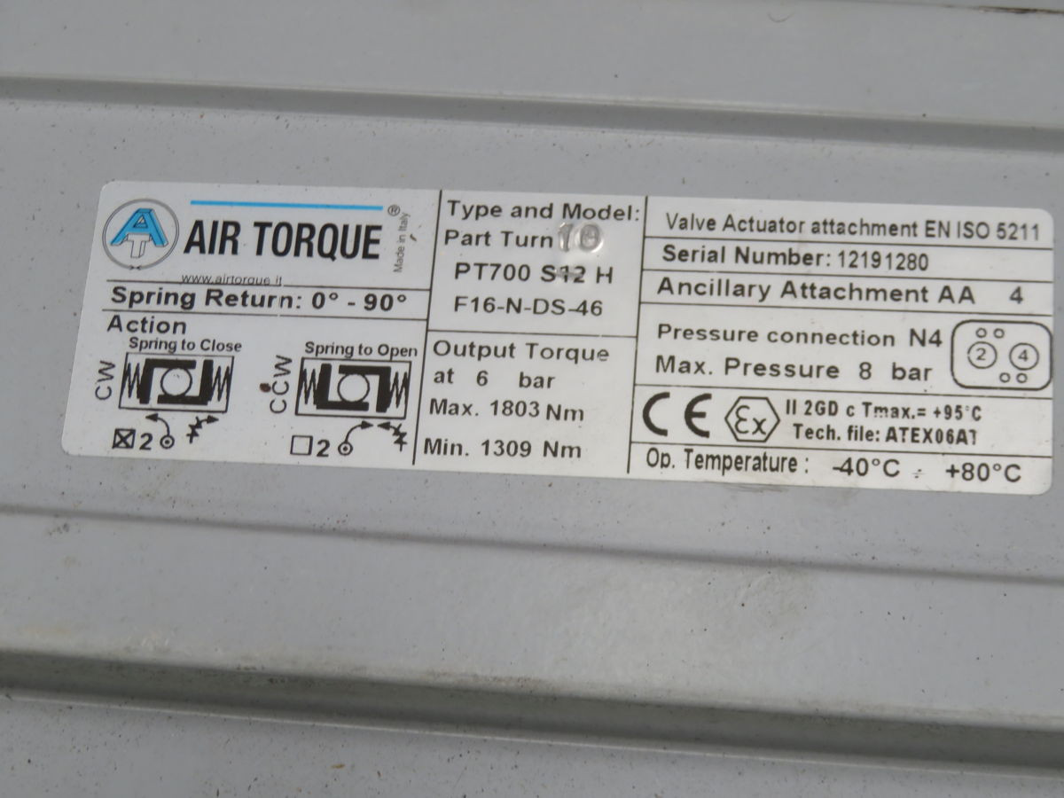 Air Torque #PT700-S12, pneumatic valve actuator, spring return, 0&deg; - 90&deg;, 1309-1803 NM torque, 116 psi - Image 7