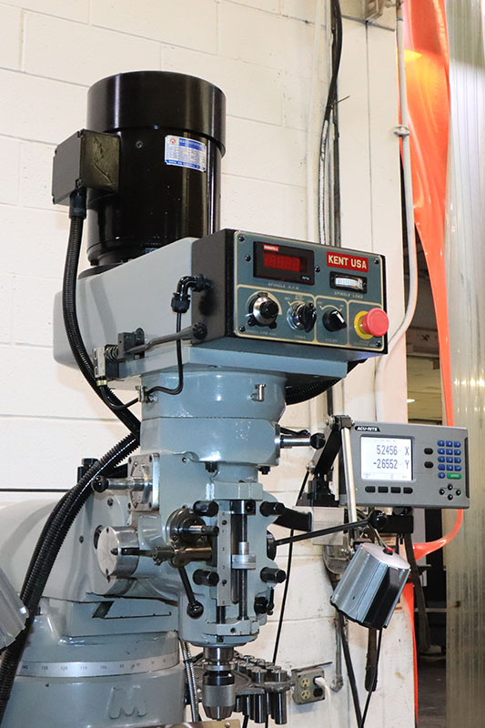 Kent #KTM-3VSF, vertical mill, 9" x49" tbl., 3 HP, 35" X, 12" Y, 15" Z, 60-4500 RPM, R-8, variable speed - Image 6